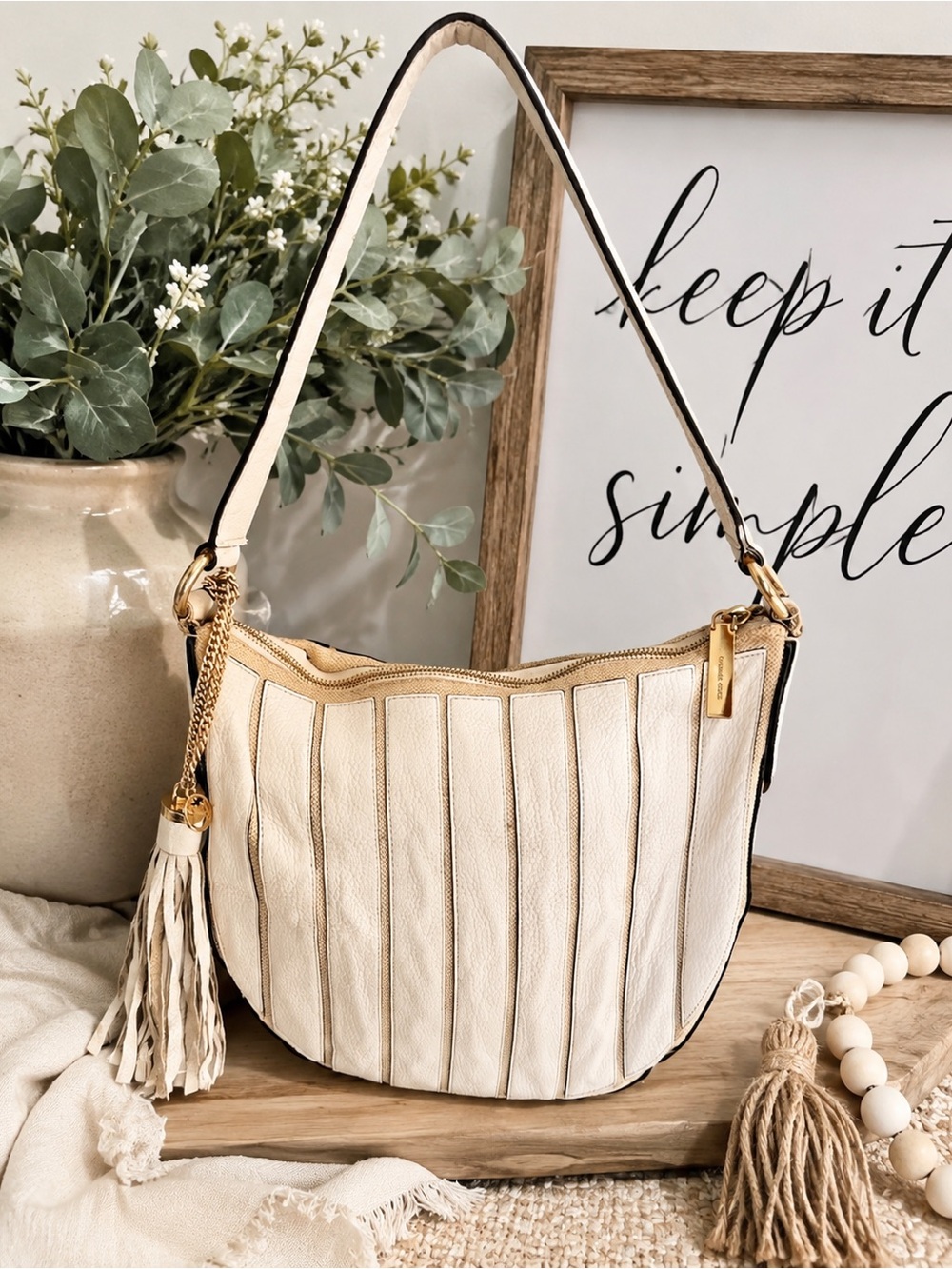 Michael Kors Ivory Pebbled Leather Hobo Shoulder Bag | Gold Hardware | Tassel